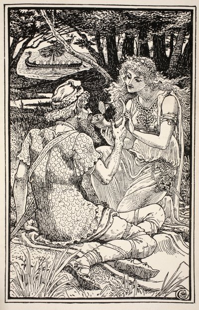 "Eu bebo aqui mais digno de um herói", disse Sunbright com um sorriso, ilustração de "Folk and Fairy Tales" de Mrs. Burton Harrison, 1885 de Walter Crane